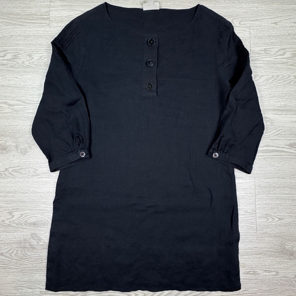 Faconnable Women Tunic Top Black Medium 100% Linen Henley 3/4 Sleeve Side Slit‎